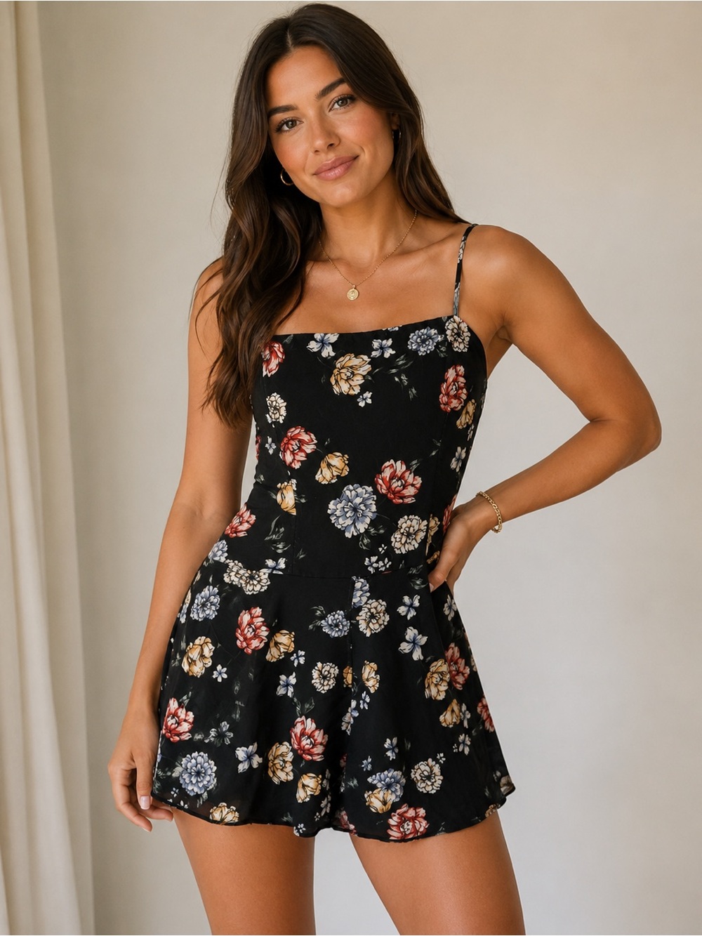 Garage Black Floral Spaghetti Strap Dress